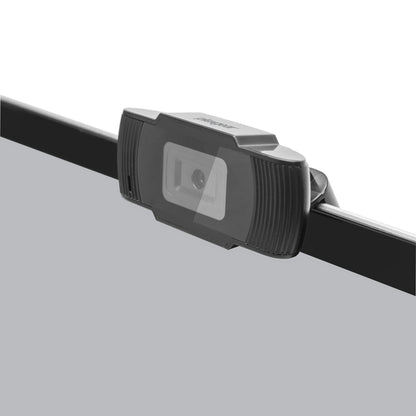 Plexgear Full HD webkamera sort, USB, indbygget mikrofon og privacy cover, monteret på computerskærm.