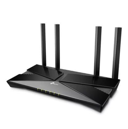 TP-Link Archer AX1500 sort WiFi 6 router med fire lodrette antenner, frontindikatorer og MU-MIMO.