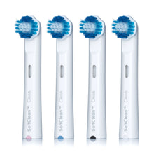 Jordan Clean Smile tandbørstehoveder, 4-pak, hvide med blå og hvide børstehår, SoftClean™ Clean trykt lodret.