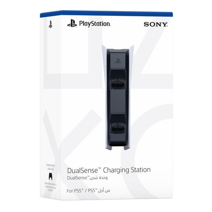 Sony DualSense Opladestation æske med logo og tekst om PS5 controller-kompatibilitet på to sprog.