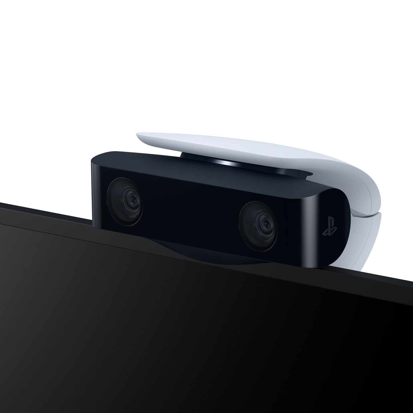 Sony HD-kamera til PlayStation 5 med to linser, sort/hvid-design og PlayStation-logo, designet til montering på TV.