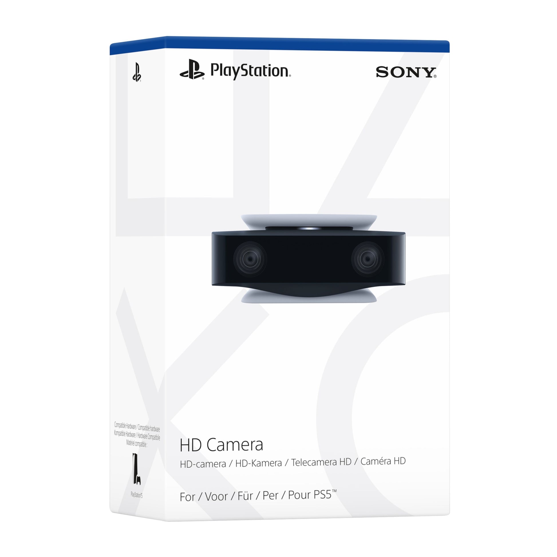 Sony HD-kamera til PlayStation 5, streamingkamera vist på æsken med produktnavn på flere sprog og blå detaljer.
