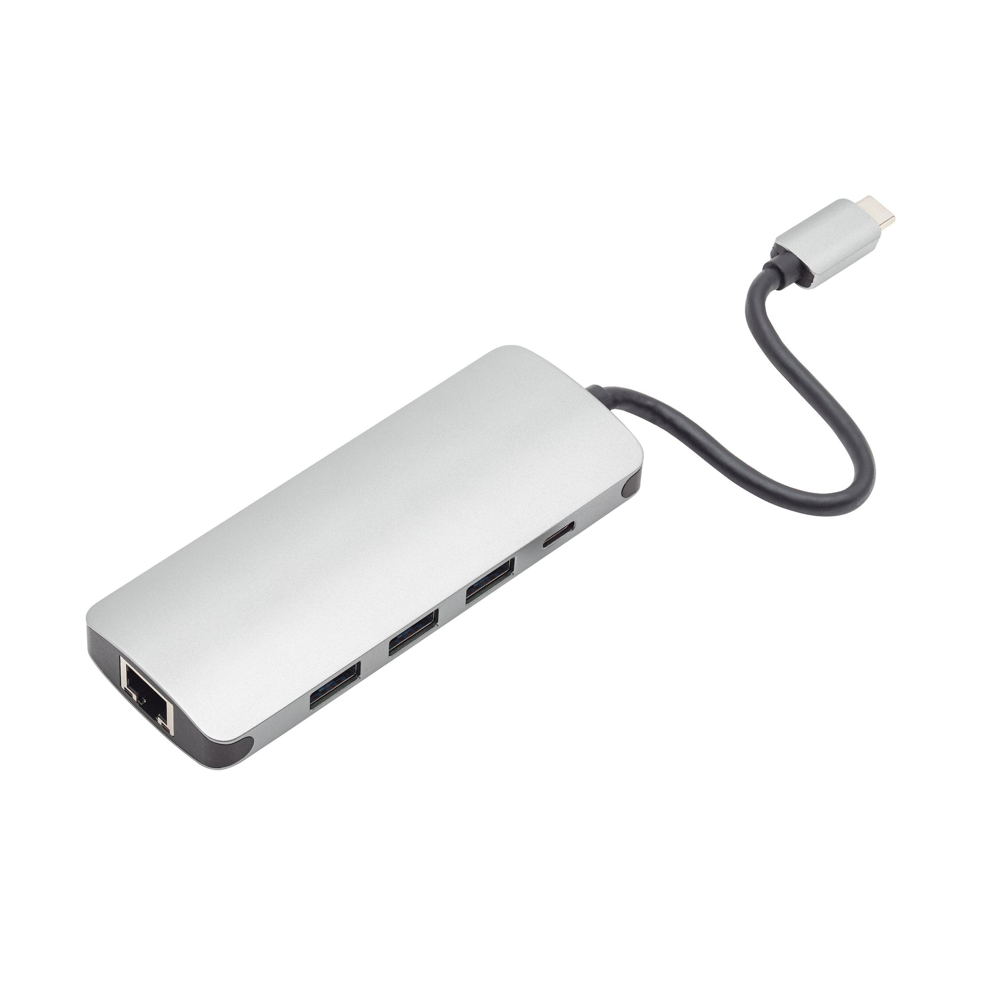 USB-C multiadapter med 5 porte: USB, HDMI, Ethernet, understøtter 100 W opladning via kort sort USB-C kabel.