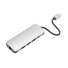 USB-C multiadapter med 5 porte: USB, HDMI, Ethernet, understøtter 100 W opladning via kort sort USB-C kabel.