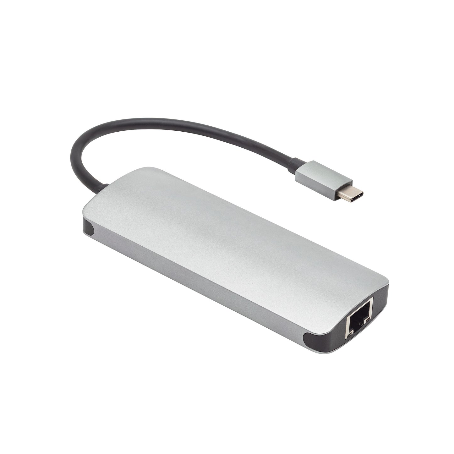 USB-C multiadapter i sølv med rektangulær form, kort sort kabel, 5 porte inkl. Ethernet og USB-C, understøtter 100 W passthrough.
