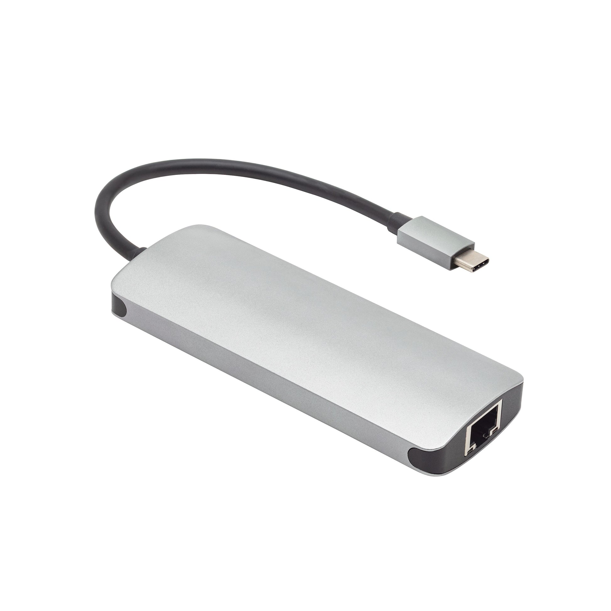 USB-C multiadapter i sølv med rektangulær form, kort sort kabel, 5 porte inkl. Ethernet og USB-C, understøtter 100 W passthrough.