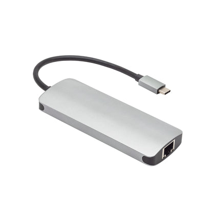 USB-C multiadapter i sølv med rektangulær form, kort sort kabel, 5 porte inkl. Ethernet og USB-C, understøtter 100 W passthrough.
