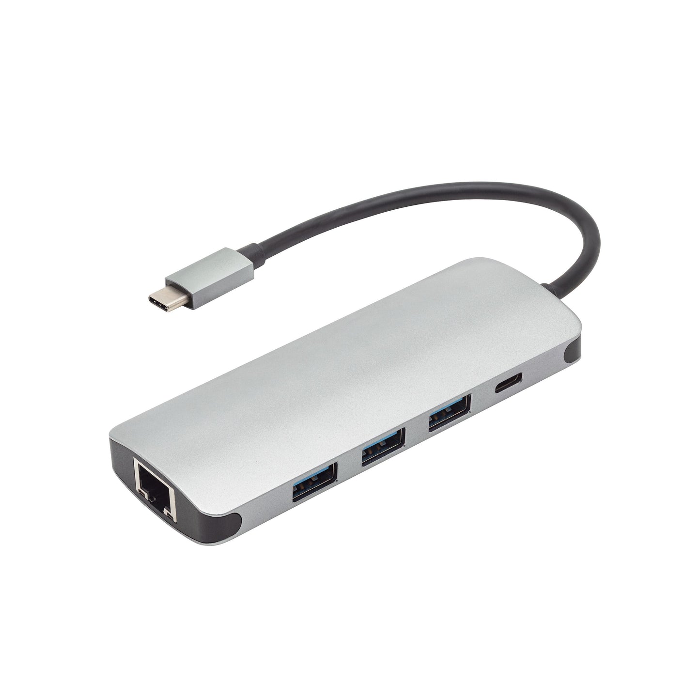 Plexgear USB-C multiadapter med Ethernet, 2x USB-A, 100W passthrough USB-C og kort sort kabel med USB-C stik.