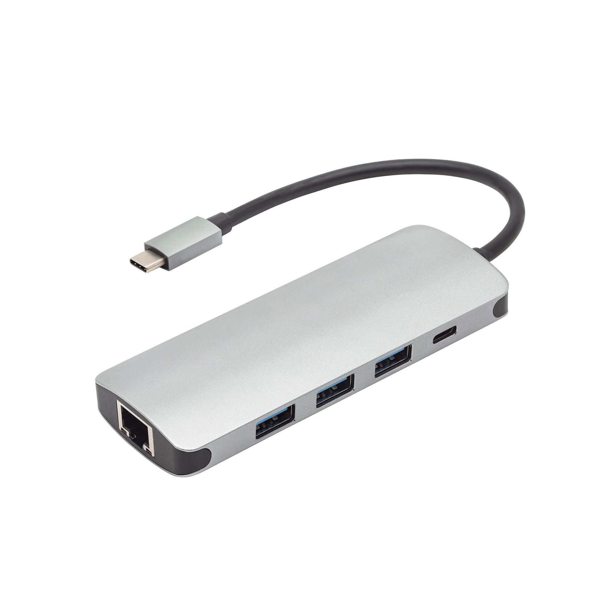 Plexgear USB-C multiadapter med Ethernet, 2x USB-A, 100W passthrough USB-C og kort sort kabel med USB-C stik.