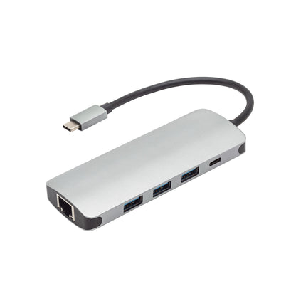 Plexgear USB-C multiadapter med Ethernet, 2x USB-A, 100W passthrough USB-C og kort sort kabel med USB-C stik.