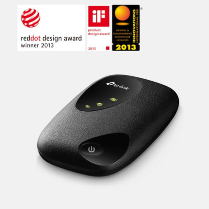 TP-Link M7200 sort 4G-router mobil hotspot med Red Dot, iF Product Design og CES Innovations 2013 logoer.