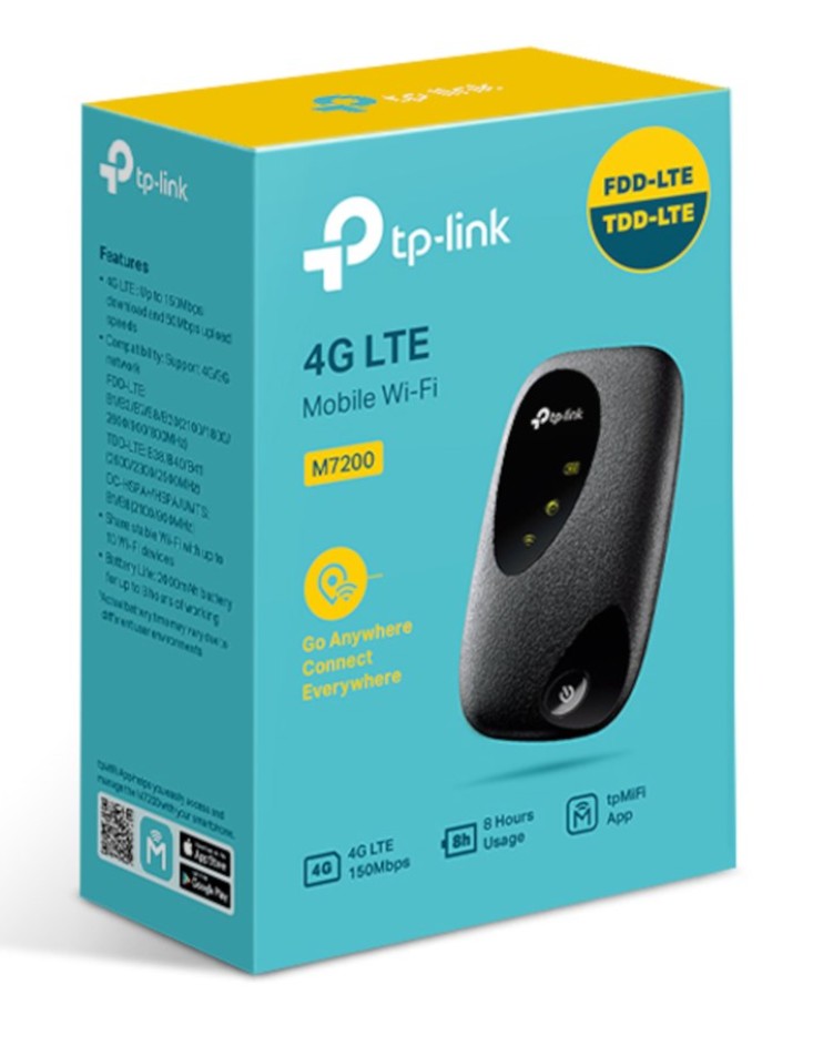 TP-Link M7200 4G-router æske blå/gul, 150Mbps, op til 8 timer, FDD-LTE/TDD-LTE-understøttelse, tpMiFi-app.