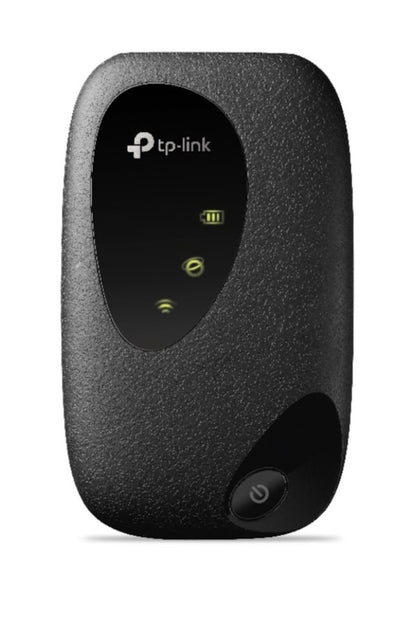 TP-Link M7200 sort 4G-router med indikatorlys for batteri, forbindelse og Wi-Fi samt power-knap nederst til højre.