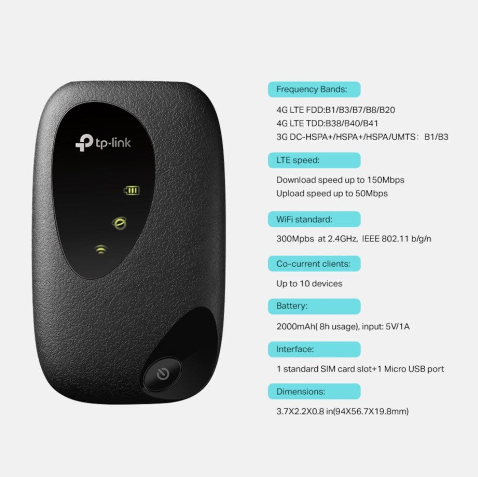 TP-Link M7200 4G-router sort med specifikationsliste: frekvensbånd, LTE-hastigheder, WiFi-standard, batteri, SIM-slots.
