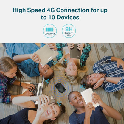 TP-Link M7200 4G-router med plads til 10 enheder, 2000mAh batteri, op til 8 timers brug, synlig brug i socialt miljø.
