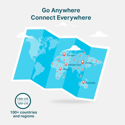 Tp-Link M7200 4G-router, illustration med verdenskort og pins, FDD-LTE/TDD-LTE, global dækning i 100+ lande.
