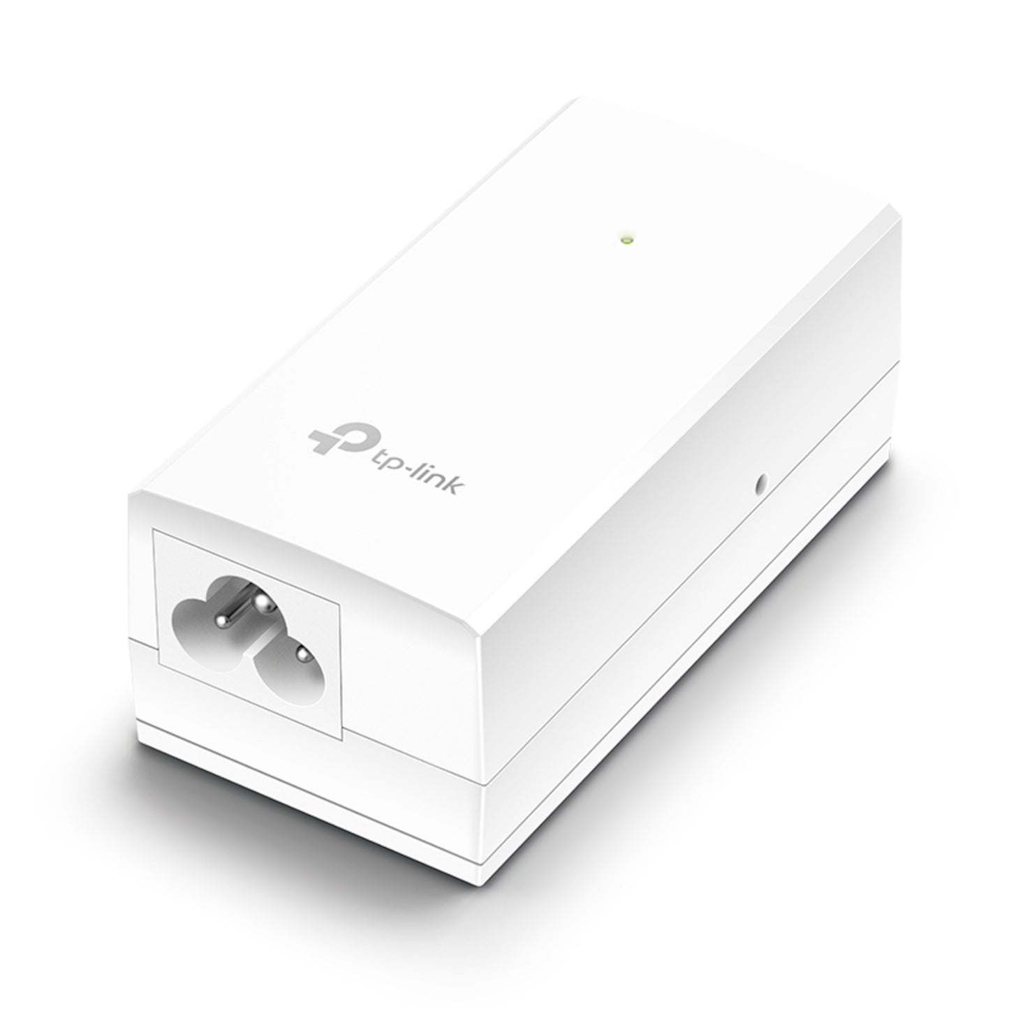 TP-Link Passiv 24V POE-injektor 12W med europæisk stik, LED-indikator og TP-Link-logo øverst.
