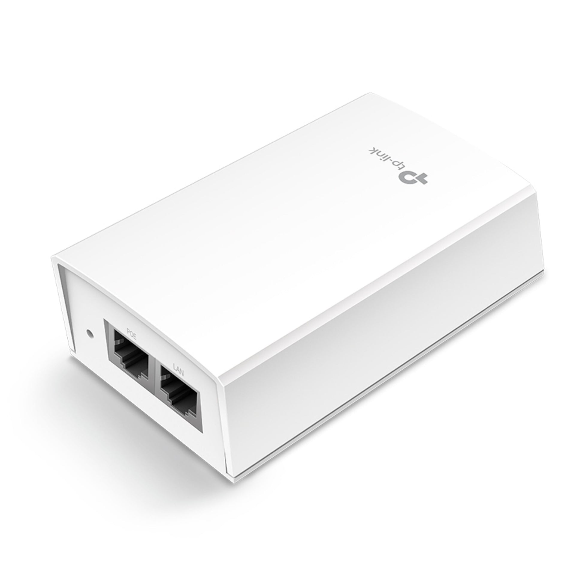 TP-Link passiv PoE-injektor 48V 24W, hvid, rektangulær med to Ethernet-porte LAN og WAN i den ene ende.