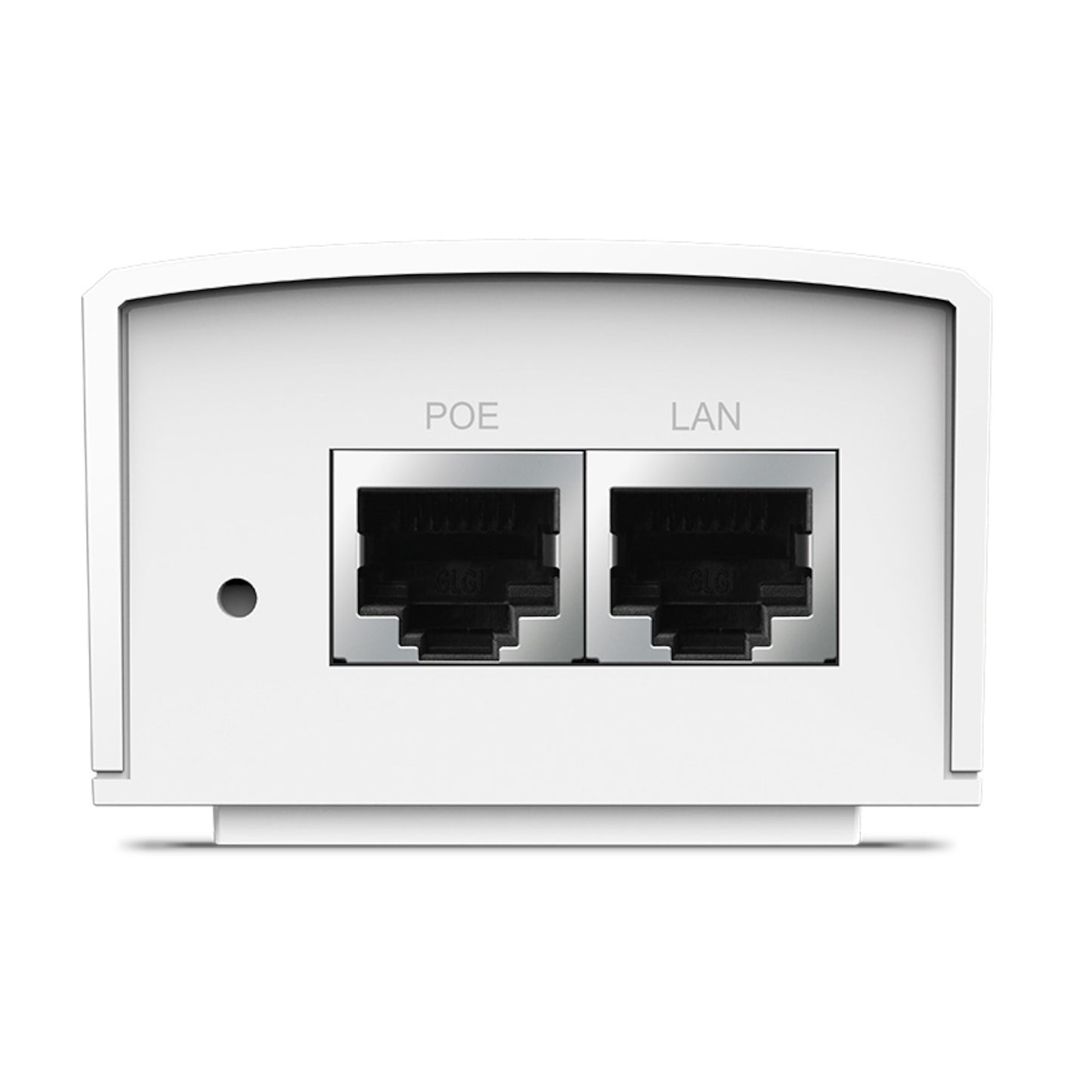 TP-Link Passiv 48V POE-injektor 24W hvid med to Ethernet-porte mærket POE og LAN samt lille rund indikator.