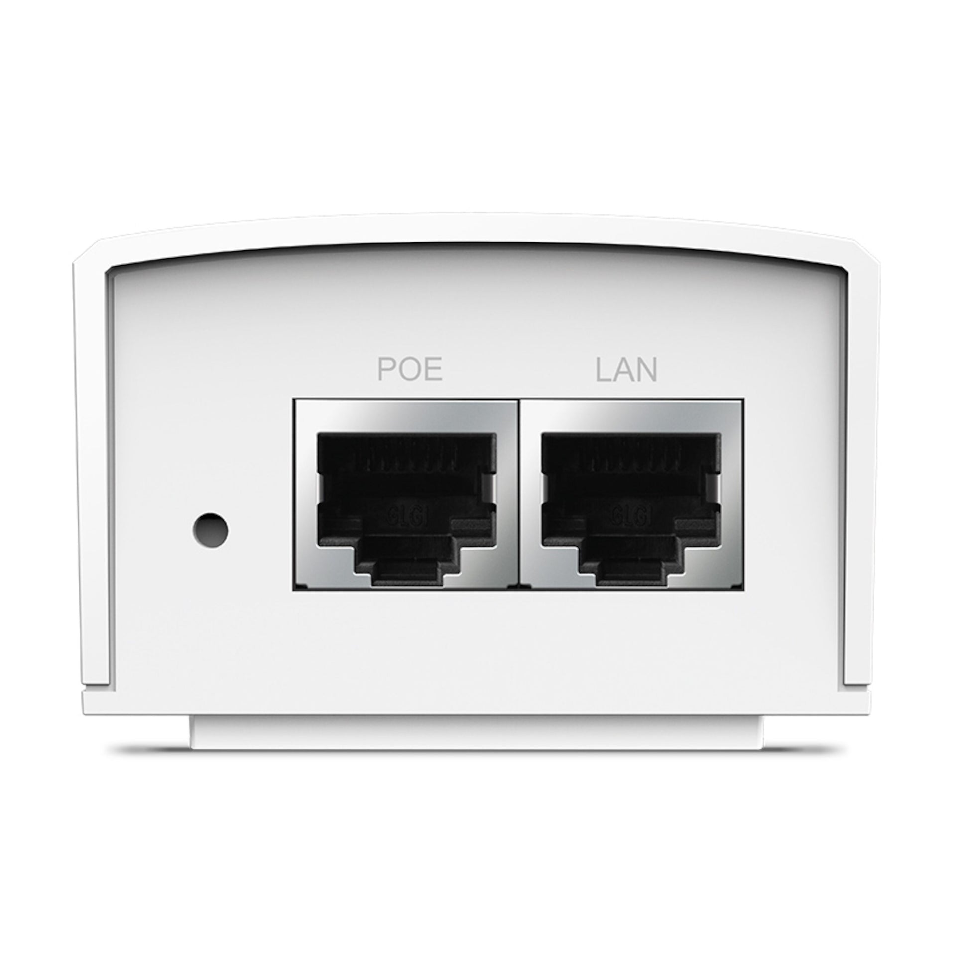 TP-Link Passiv 48V POE-injektor 24W hvid med to Ethernet-porte mærket POE og LAN samt lille rund indikator.