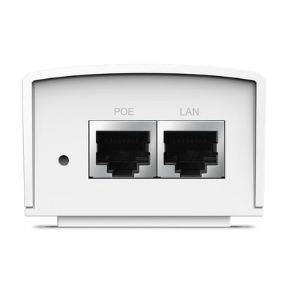 TP-Link Passiv 48V POE-injektor 24W hvid med to Ethernet-porte mærket POE og LAN samt lille rund indikator.