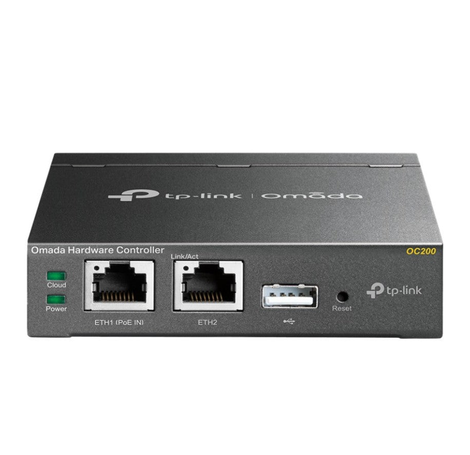 TP-Link Omada Cloud controller til netværk, front med Ethernet-port, USB-port, reset-knap og statuslys.