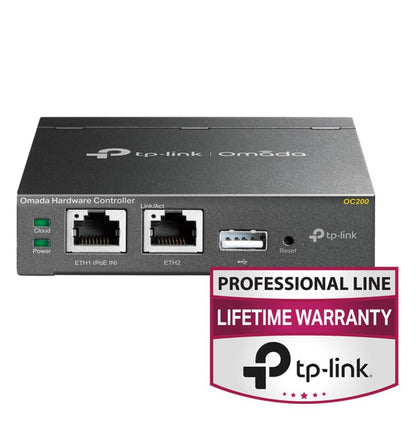 TP-Link Omada Cloud controller med ethernetport, USB-port, indikatorlys og Professional Line Lifetime Warranty-badge.
