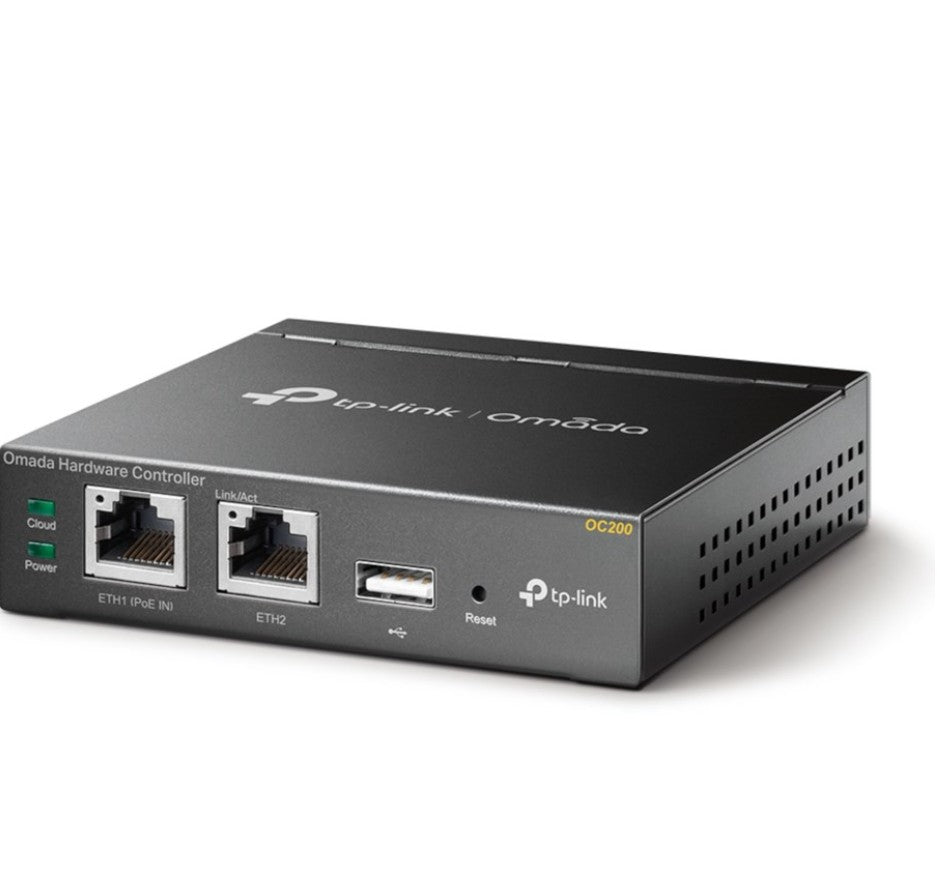 TP-Link Omada Cloud Controller med to Ethernet-porte, USB-port, indikatorlys for cloud og strøm.