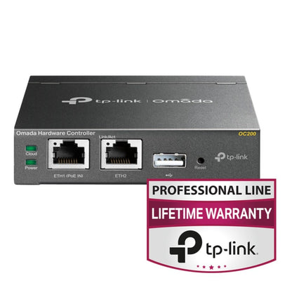 TP-Link Omada Cloud controller med indikatorlys, Ethernet- og USB-porte, reset-knap og Professional Line Lifetime Warranty badge.