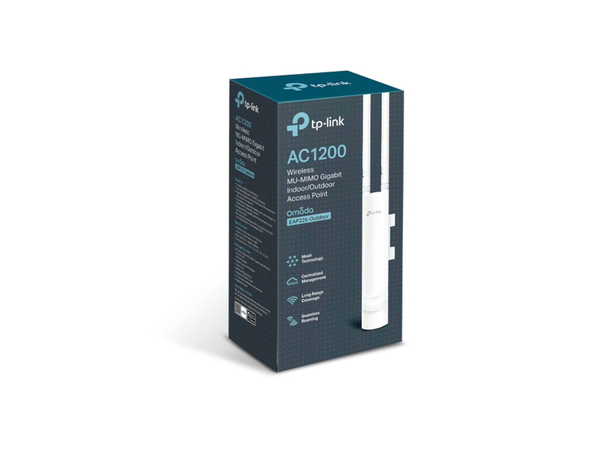 TP-Link Omada EAAS525 roaming-adgangspunkt AC1200 MU-MIMO gigabit POE blå/sort detailæske, sidesyn af enheden.