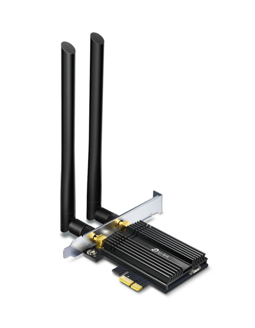 TP-Link Archer TX50E PCIe netværkskort AX3000 sort med to antenner, WiFi 6 og Bluetooth 5 til desktop.