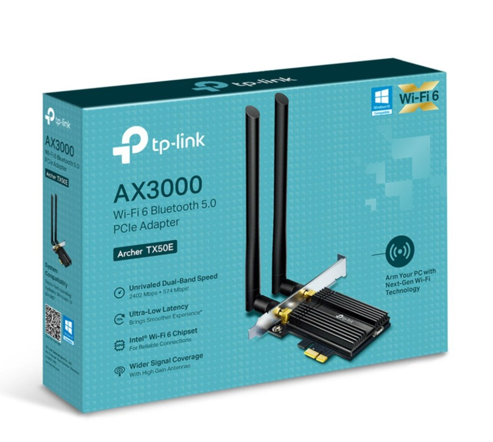 TP-Link Archer TX50E PCI-express netværkskort AX3000 blå æske, Bluetooth 5, to antenner, modelnavn synligt.