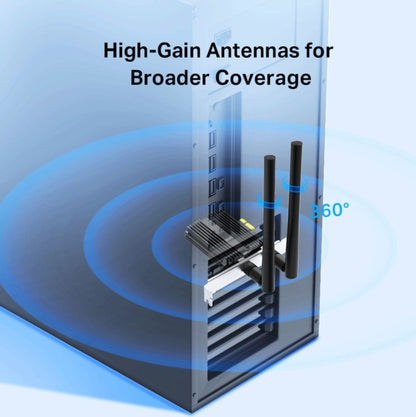 TP-Link Archer TX50E PCI-e netværkskort AX3000 med to high-gain antenner og WiFi 6, blå signalbølger vises.