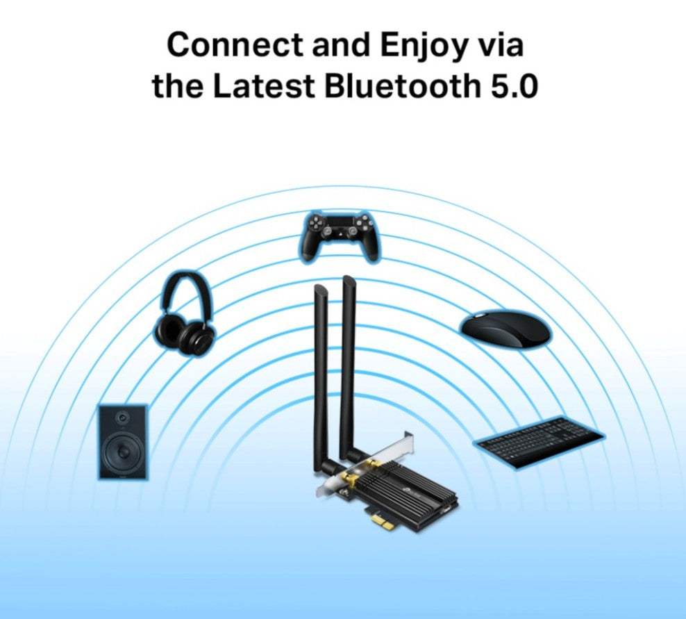 TP-Link Archer TX50E PCIe netværkskort AX3000 med Bluetooth 5 til trådløs forbindelse af controller, mus, tastatur og headset.