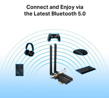 TP-Link Archer TX50E PCIe netværkskort AX3000 med Bluetooth 5 til trådløs forbindelse af controller, mus, tastatur og headset.