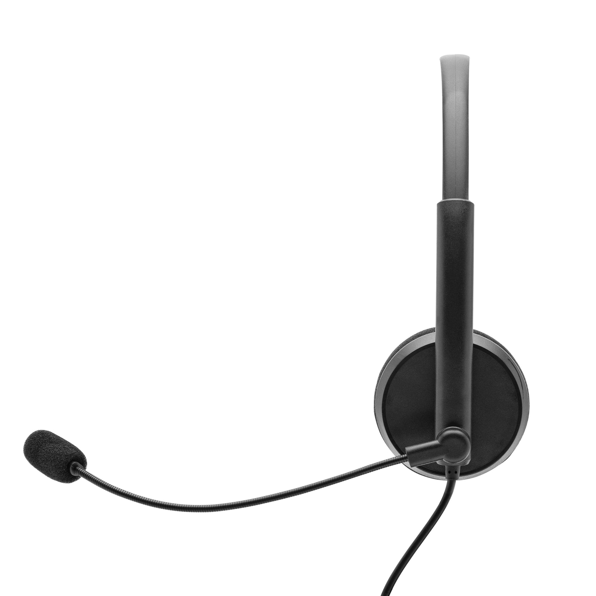 Plexgear DA-110 computer headset, sort, enkelt ørestykke og hurtigt støjreducerende mikrofon.