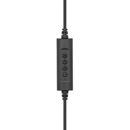 Plexgear DA-120 Computer headset med sort inline fjernbetjening med M, S, + og - knapper samt USB-A stik.