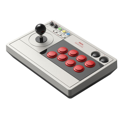 8Bitdo Arkade joystick til Nintendo Switch, sort joystick, 8 røde knapper samt mindre knapper på grå og sort base.