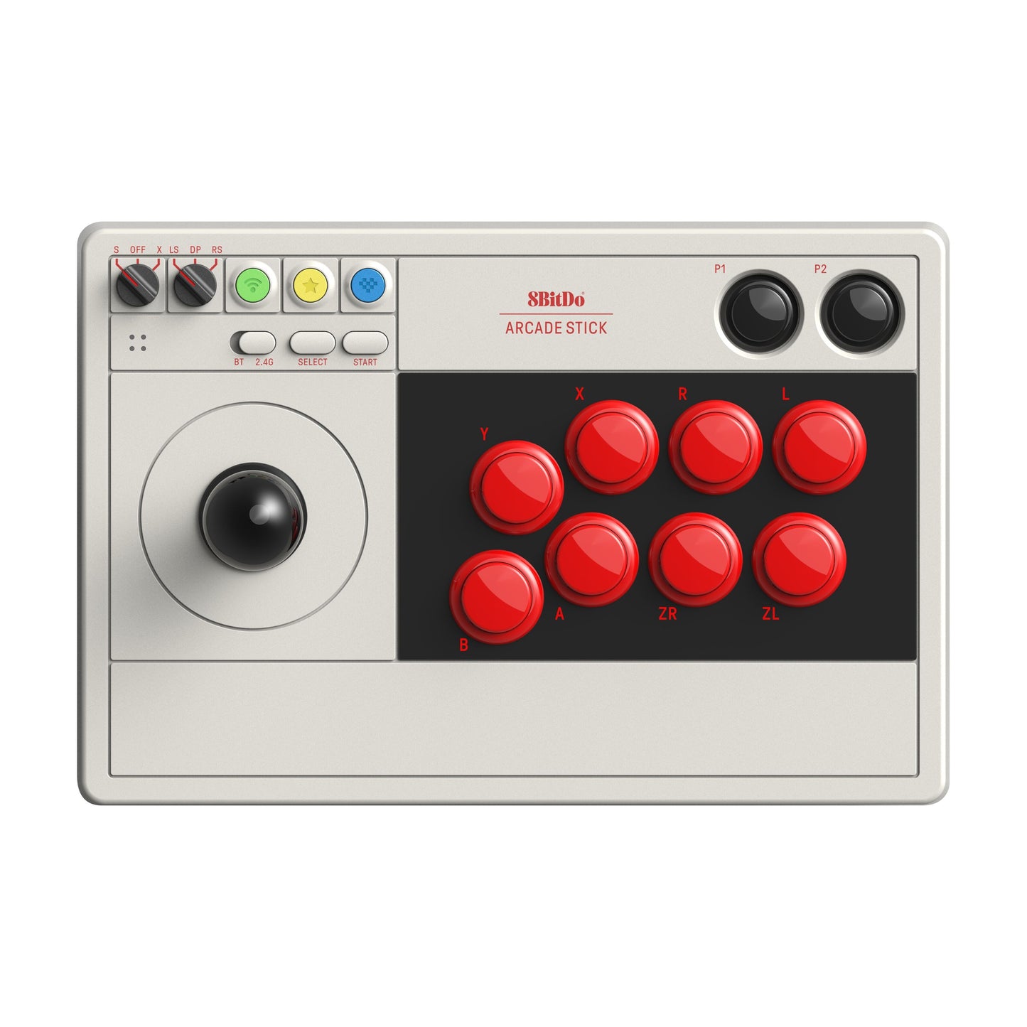 8Bitdo Arkade joystick med venstre joystick, otte røde højre knapper, ekstra topknapper, kompatibel med Nintendo Switch.