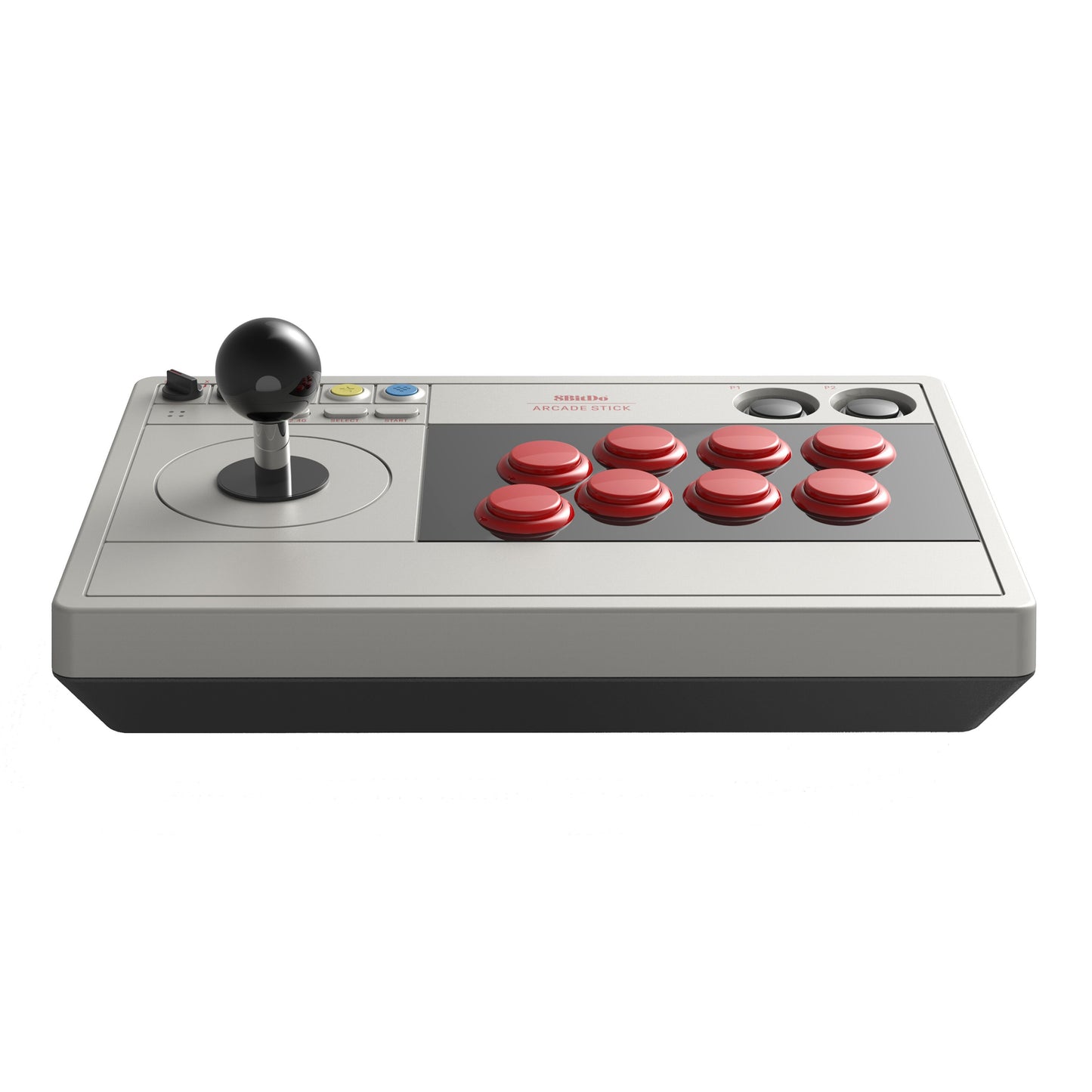 8Bitdo Arkade joystick til Nintendo Switch, sort joystick, røde knapper, grå og sort kabinet.