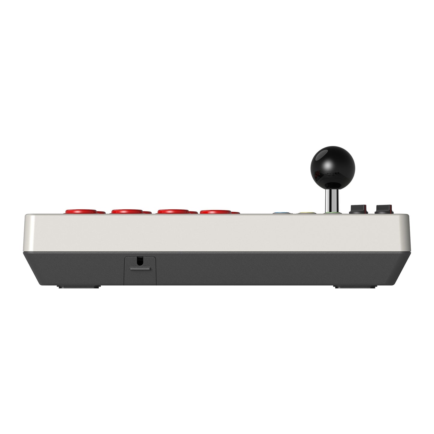 8Bitdo Arkade joystick, sort styrepind, røde og sorte knapper, hvid/grå kabinet, sideview, til Nintendo Switch.