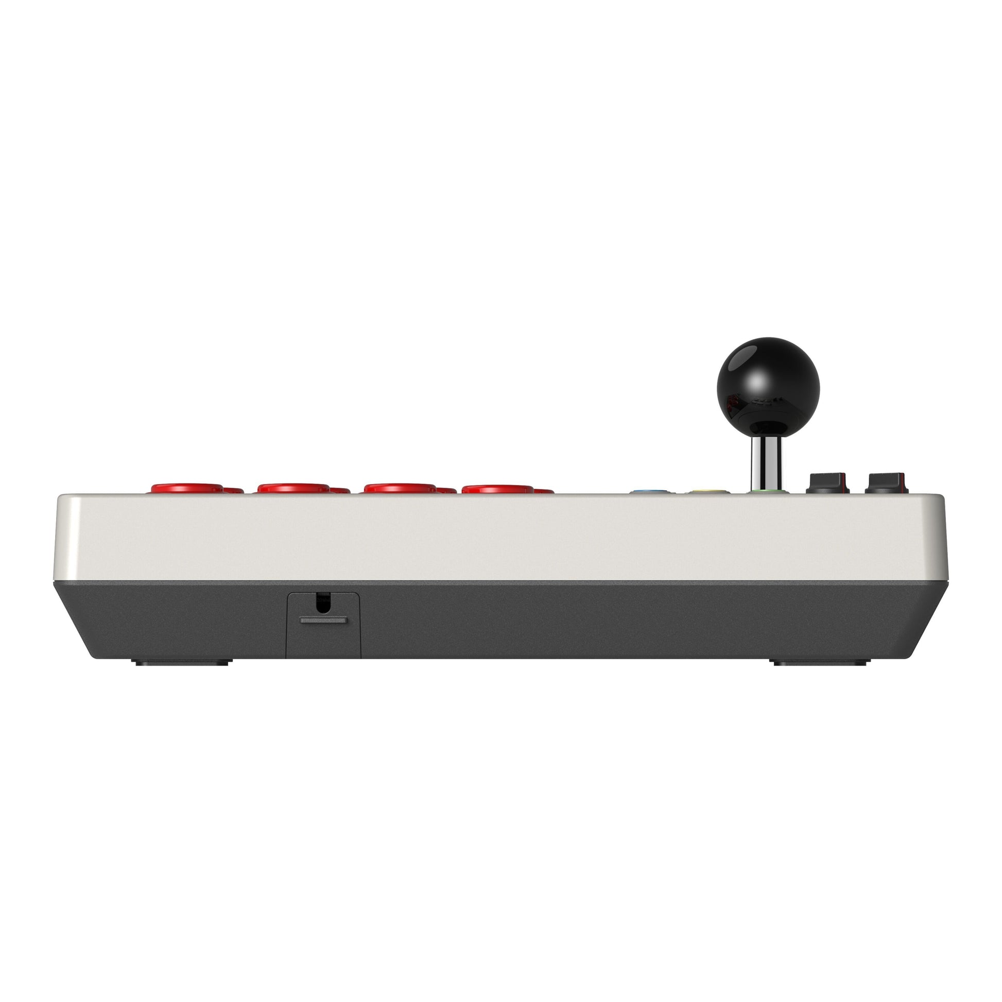 8Bitdo Arkade joystick, sort styrepind, røde og sorte knapper, hvid/grå kabinet, sideview, til Nintendo Switch.