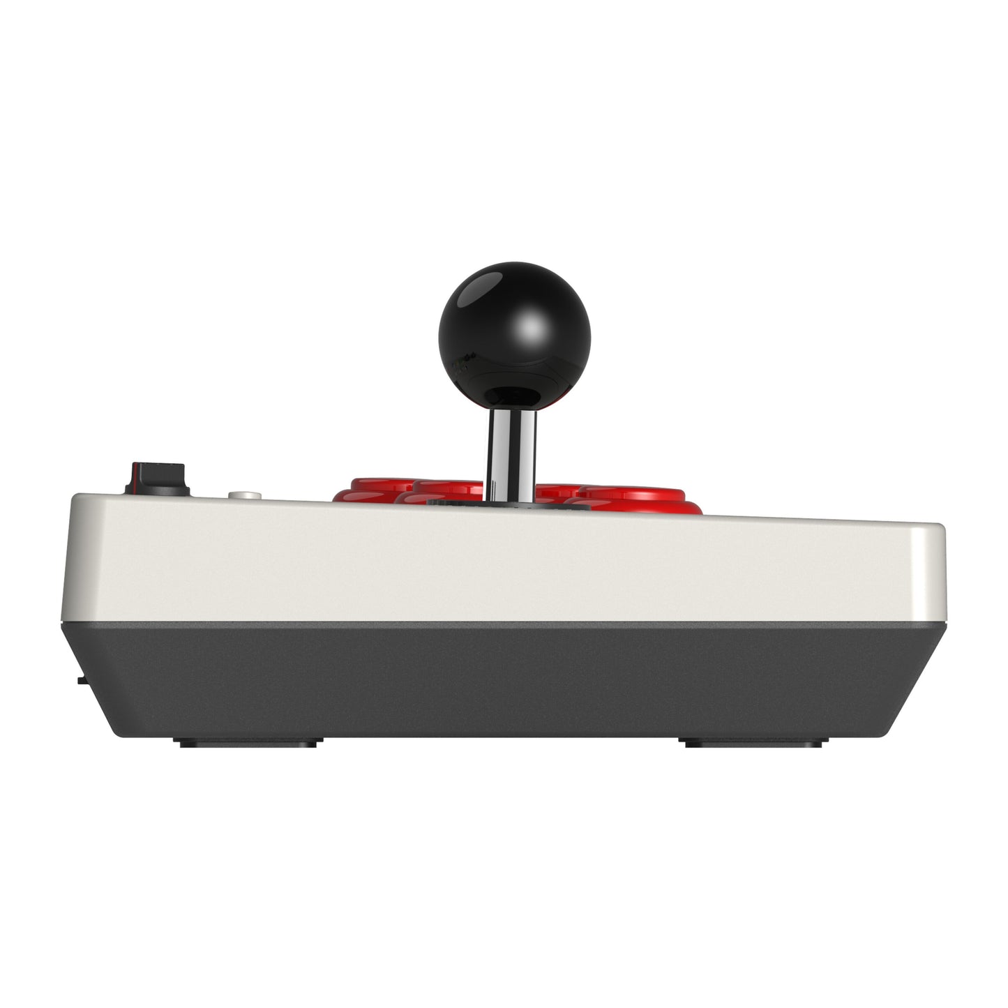 8Bitdo Arkade joystick sideview med sort kuglehåndtag, røde knapper og rektangulær beige-sort base.
