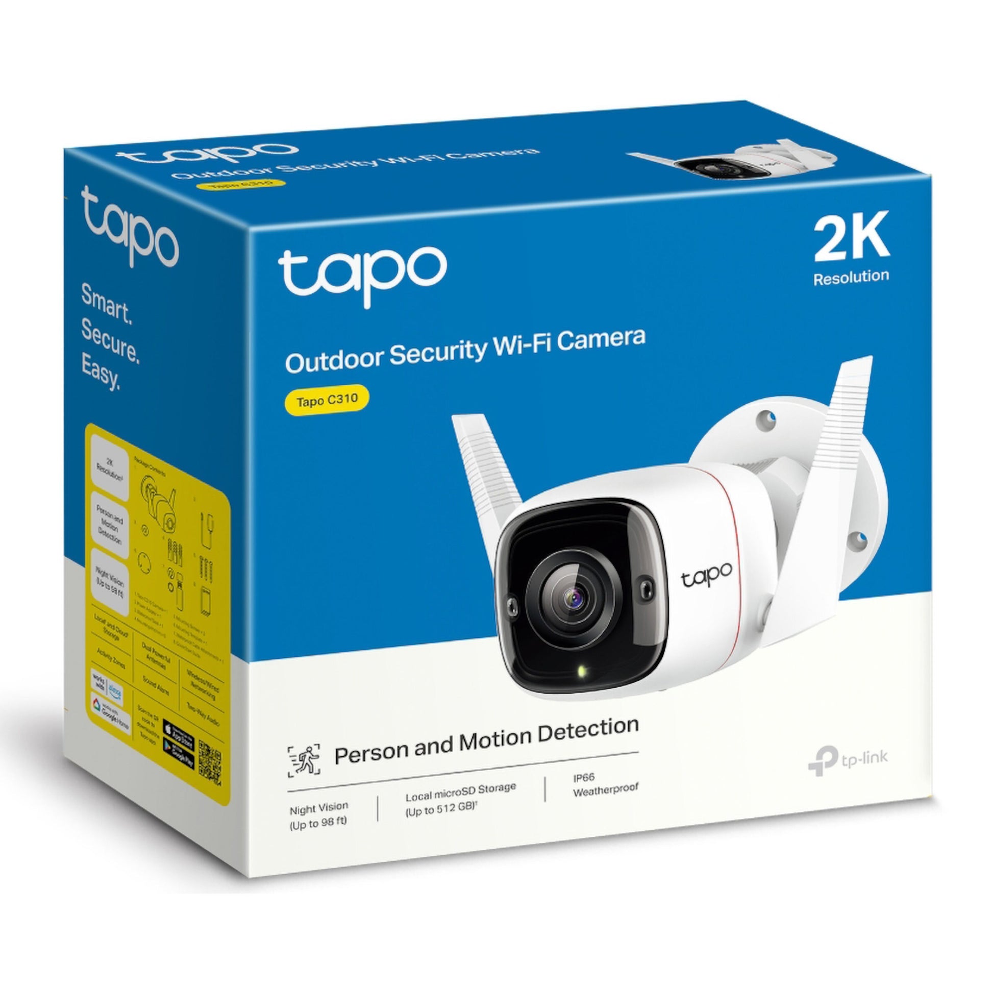 TP-Link Tapo C310 trådløst overvågningskamera 2K, person- og bevægelsesdetektion, nattesyn, microSD-blå/gul æske.