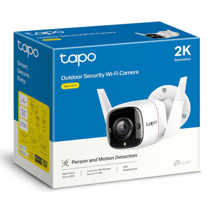 TP-Link Tapo C310 trådløst overvågningskamera 2K, person- og bevægelsesdetektion, nattesyn, microSD-blå/gul æske.