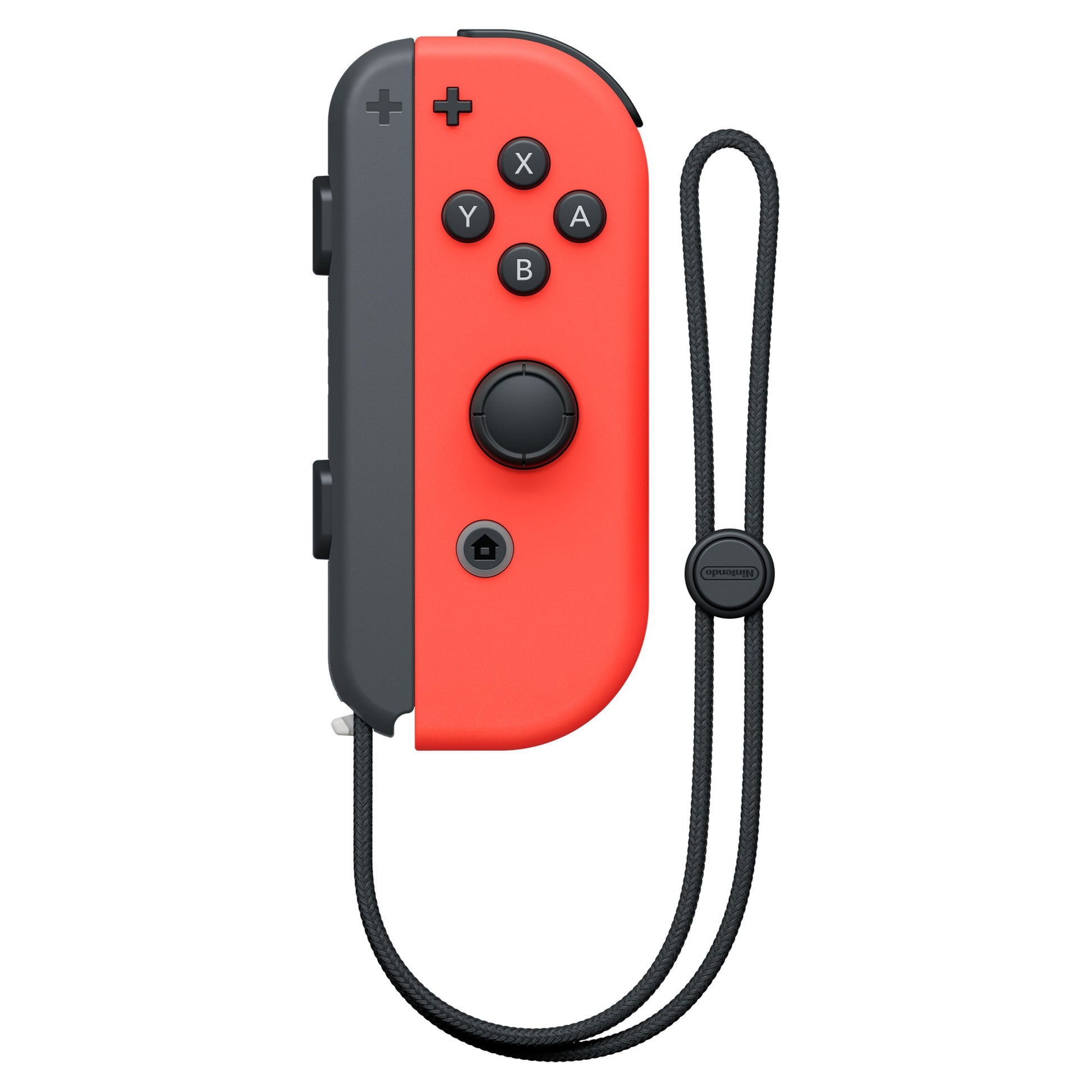 Nintendo Joy-Con Controller højre rød med sorte knapper og joystick, monteret med sort håndledsrem.
