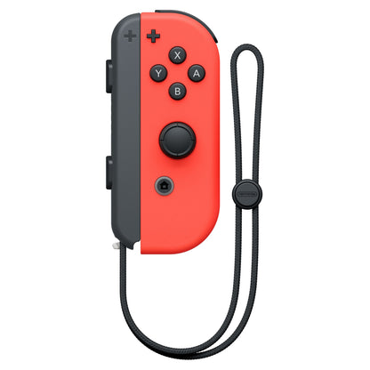 Nintendo Joy-Con Controller højre rød med sorte knapper og joystick, monteret med sort håndledsrem.