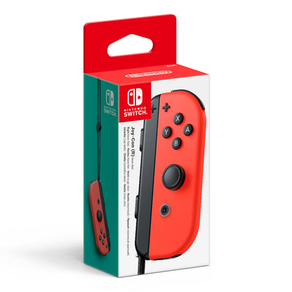 Nintendo Joy-Con Controller Rød højre i æske med billede af neonrød controller og Nintendo Switch-logo, kompatibel med Switch Lite.