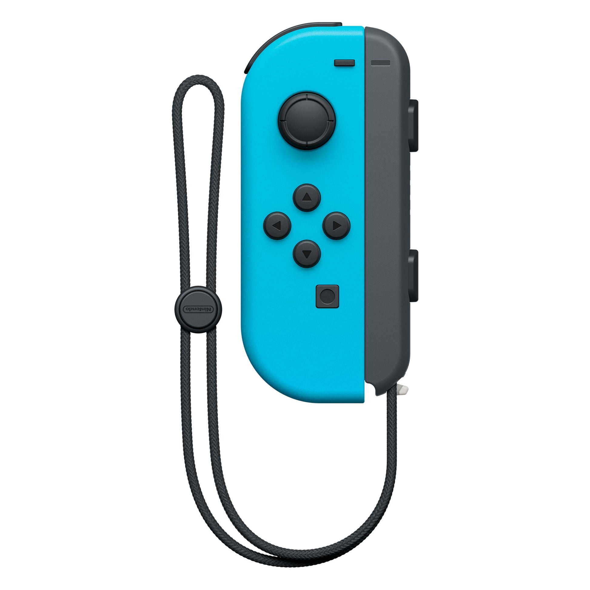 Nintendo Joy-Con venstre håndkontrol blå med sort rem, joystick, knapper og monteringsskinne synlige forfra.