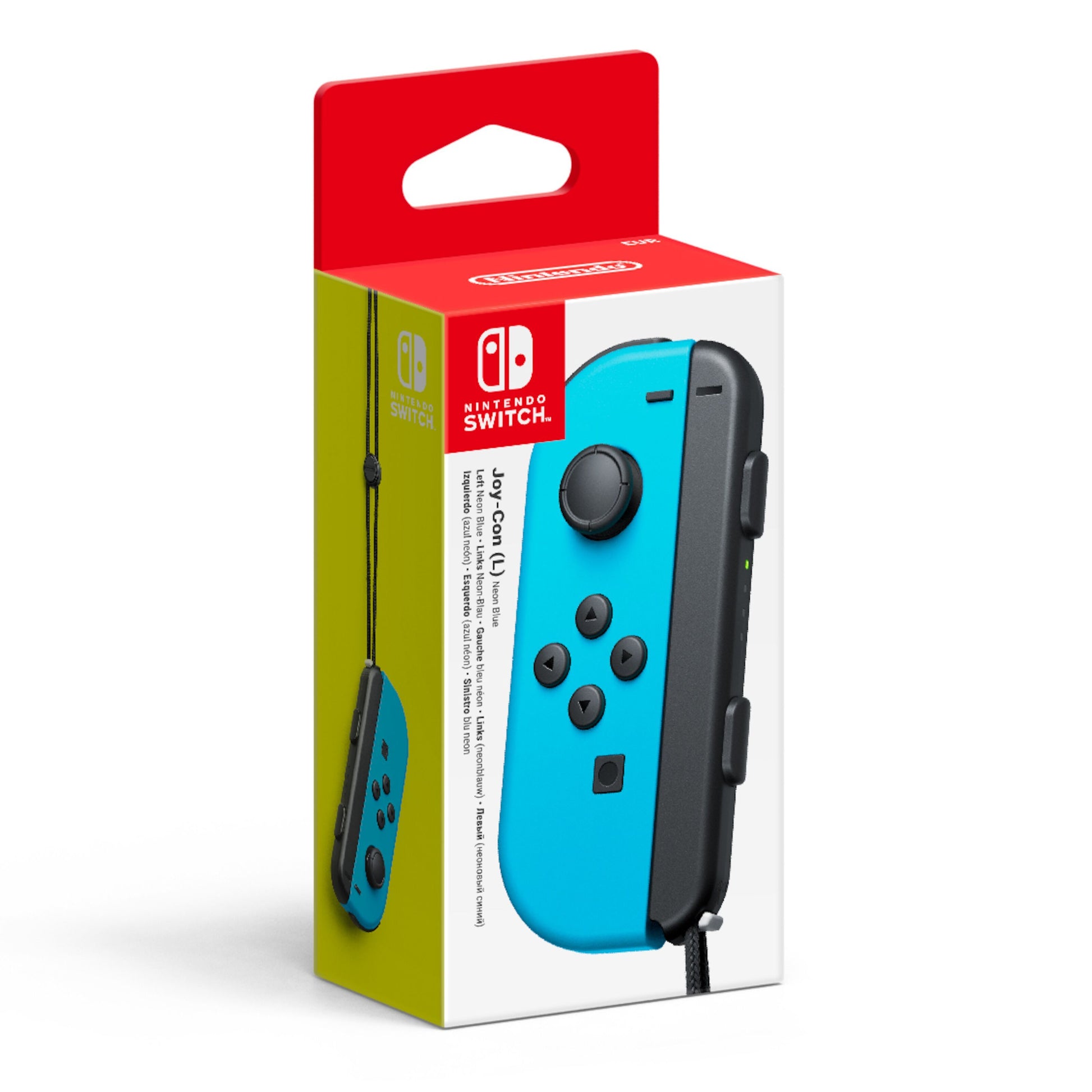 Nintendo Joy-Con håndkontrol blå venstre i æske med Nintendo Switch logo og produktbillede.